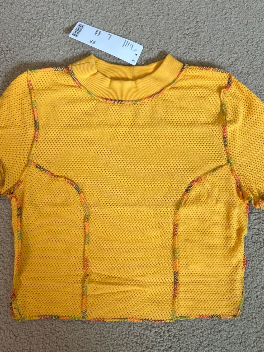 BDG Yellow Cropped Mesh Top with Multicolor Contrast Stitching